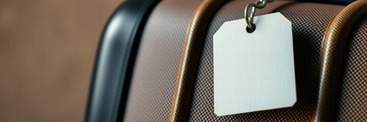 White tag is attached to a brown suitcase