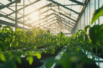 Obraz premium Lush green plants thrive in bright greenhouse, sunlight streamin