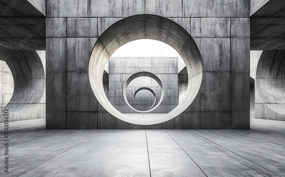 Poster abstract architectural design featuring circular shapes and geometric forms in a modern concrete str