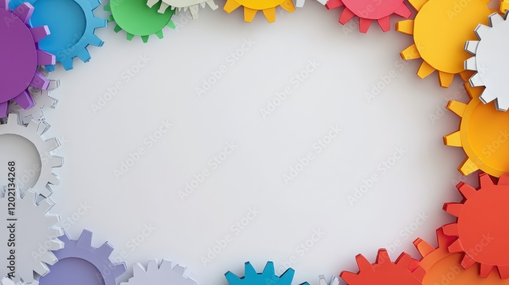 Poster a frame made of paper gears arranged in a gradient pattern, transitioning through the colors of the 