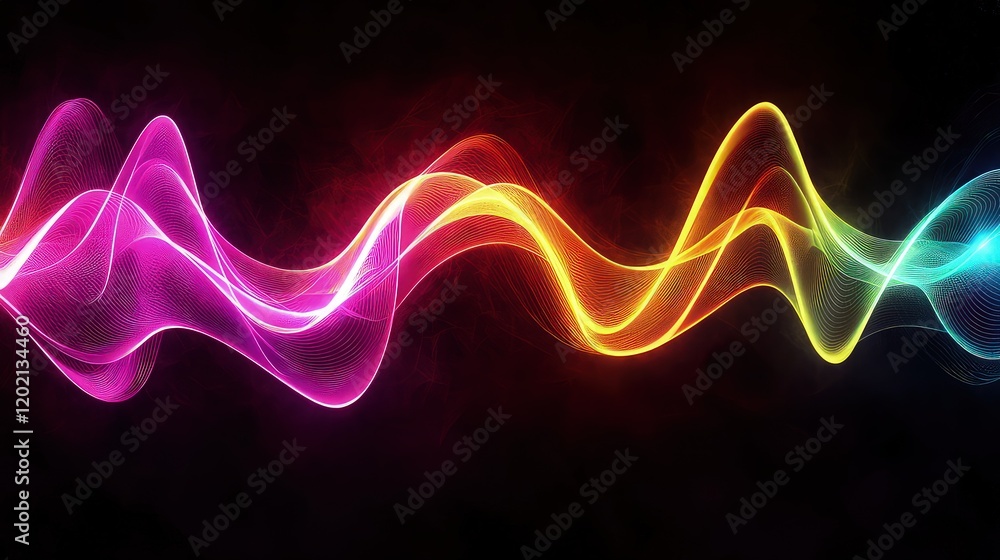 Poster a vibrant audio waveform in neon colors, stretching across a dark background. the waveform undulates