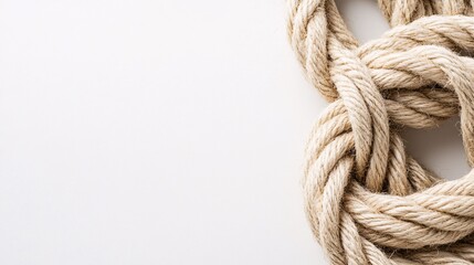 Thick rope creating knots on white background with copy space