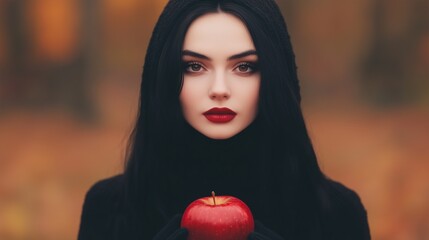Mysterious Witch Holding Red Apple in Autumn Forest Enchantment Mabon Seasonal Magic Portrait