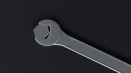 Close-up 3D render of a wrench tightening a hexagon bolt against a dark background. Ideal for illustrating engineering, mechanics, construction, and repair concepts.