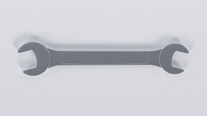 Studio shot of a metal open end wrench isolated on a clean white background. Ideal for illustrating themes of repair, maintenance, construction, and mechanical work. 3d rendering.