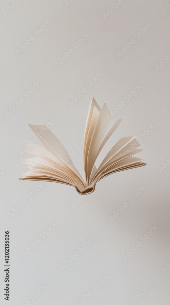 Poster open book with pages turning is levitating on a minimalist white background, representing the power 