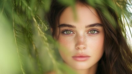Naklejka premium Close-Up Portrait of Young Woman with Green Eyes and Freckles Amidst Lush Greenery, Highlighting Natural Beauty and Calmness in Nature Setting