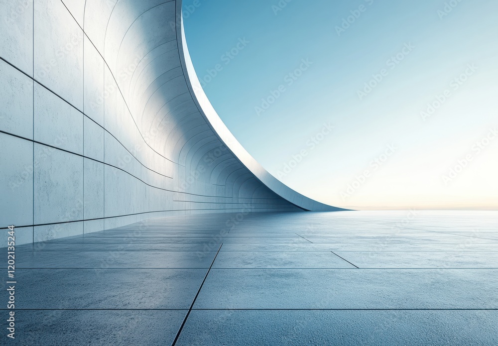 Poster abstract architectural space with a smooth curved wall and a serene sky, emphasizing minimalist desi