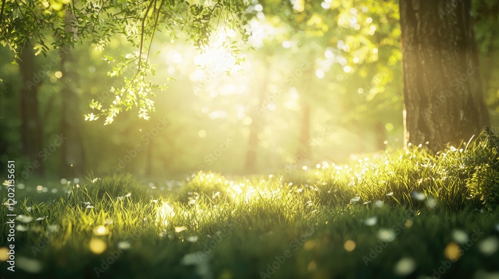 Poster sunlit forest scene with lush green grass and dappled sunlight filtering through the trees. peaceful