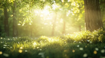 Obraz premium sunlit forest scene with lush green grass and dappled sunlight filtering through the trees. Peaceful and tranquil.
