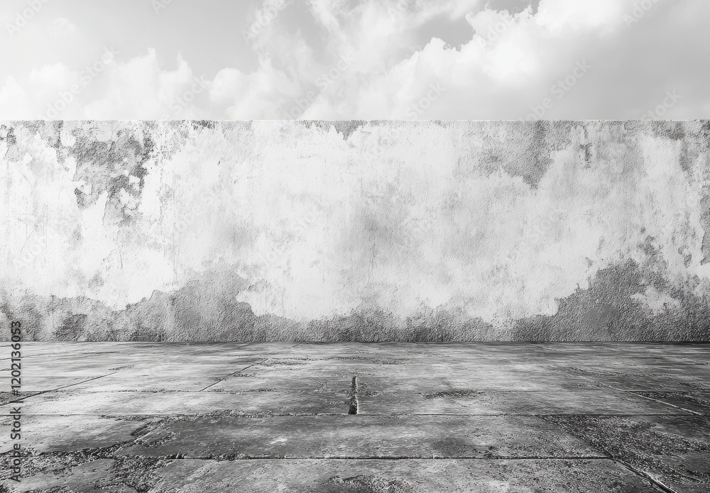 Poster abstract black and white image of an empty concrete floor with a weathered wall against a bright clo