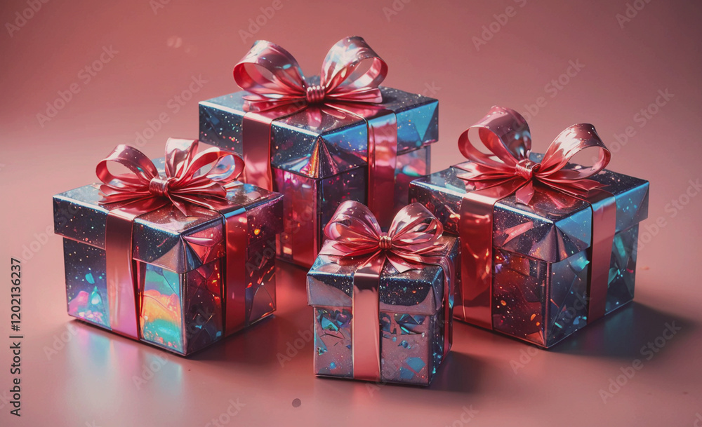 Poster Three boxes of gifts with pink bows on top. The boxes are arranged in a row and are placed on a pink surface