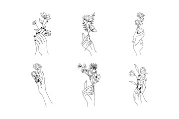 Minimalist Line Art of Hands Holding Flowers - Floral Hand Illustrations.
