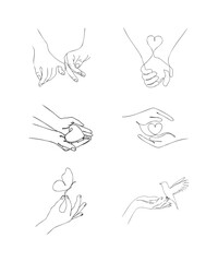 Minimalist Hand-Drawn Line Art of Hands with Hearts, Symbols, and Nature Elements.