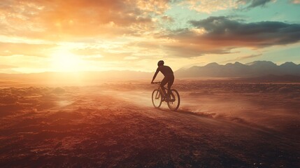 Obraz premium Cyclist riding mountain bike on dirt road at sunset in desert landscape