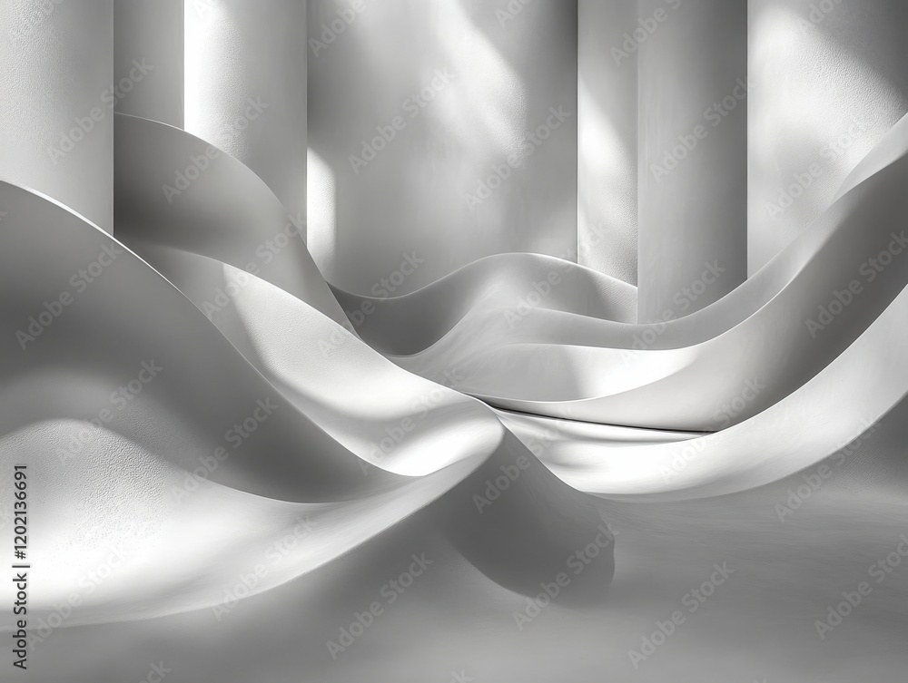 Poster abstract composition of white waves and pillars creating a serene and minimalistic environment with 