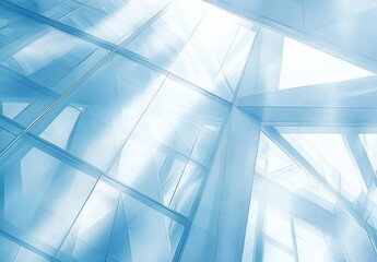 Fototapeta premium Abstract composition of transparent glass reflections with luminous light beams creating a serene blue atmosphere in a modern architectural setting.