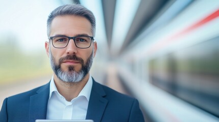 Naklejka premium Businessman in Suit Working on Train with Laptop, Wearing Glasses, Focused Expression, Traveling for Business, Professional Setting, Modern High Speed Train Journey, Corporate Travel Scene