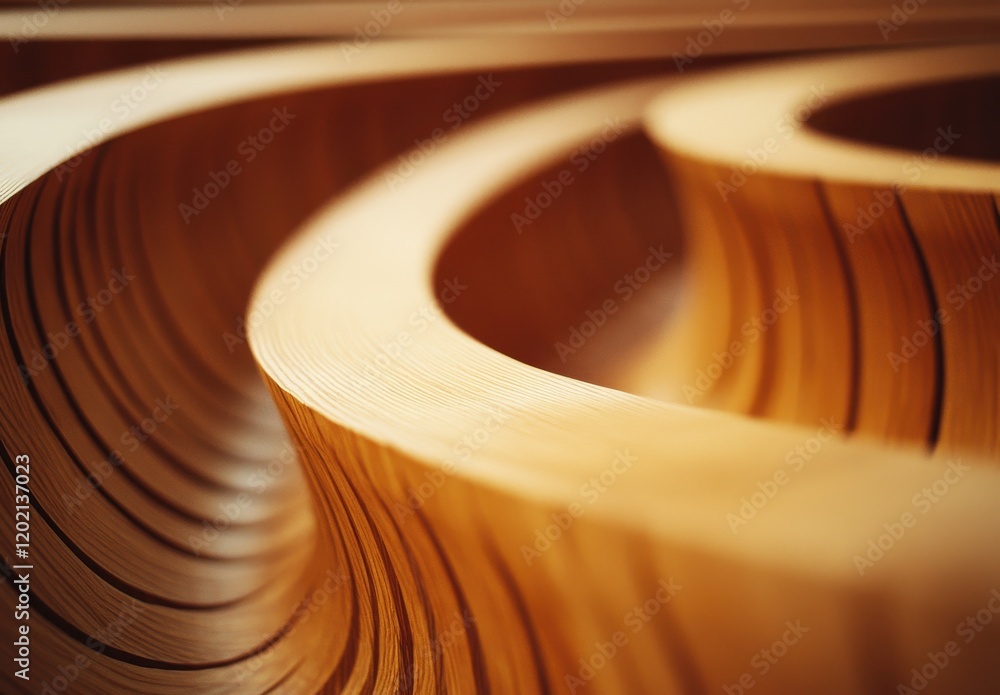 Poster abstract curved wooden layers showcasing the unique grain patterns and warm tones of smoothly shaped