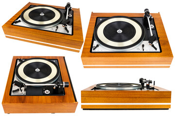 Collection of images with vintage stereo turntable vinyl record player isolated on white background