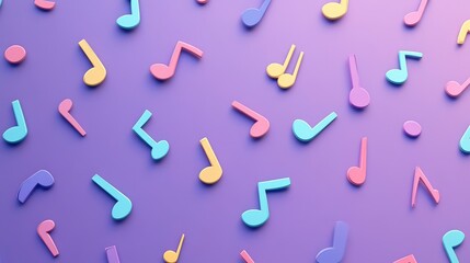 Colorful 3d musical notes are scattered across a vibrant purple backdrop, creating a playful and...