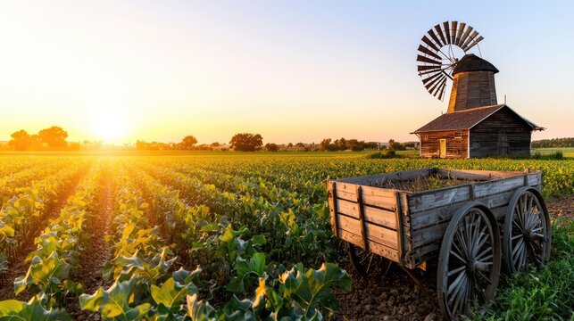 Sunset over rural field with old windmill and cart