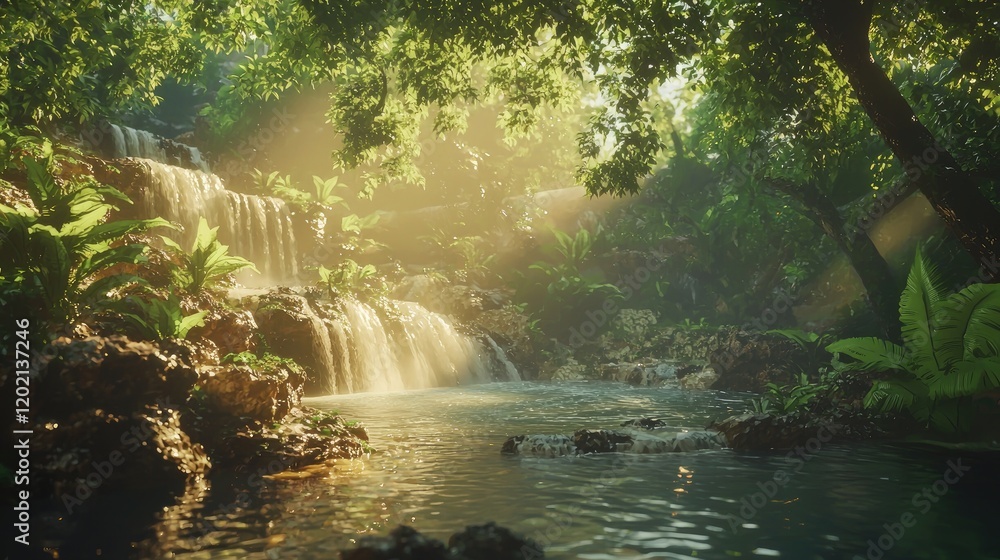 Poster waterfall flows through a lush tropical forest. sunlight beams through the trees, illuminating the c