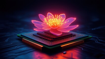 Glowing processor sprouts a neon-lit flower, its radiant petals symbolizing the transformative power of technology as a nourishing foundation for a new world