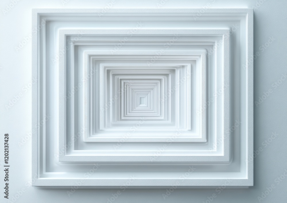 Poster abstract geometric arrangement of white frames creating a mesmerizing illusion of depth and perspect