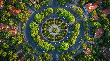 Aerial roundabout traffic flow, urban park, city buildings, sunset