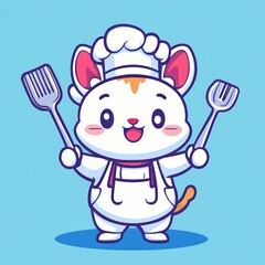 Cute cat chef cooking, kitchen tools, happy expression, light blue background, food illustration