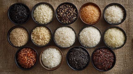 Mixed rice varieties in small bowls on a textured cloth, highlighting diversity and texture of different rice types. Ideal for food variety showcases and ingredient comparisons.