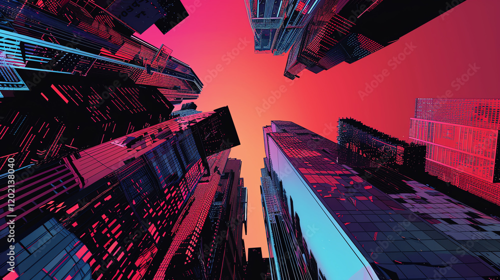 Poster illustrate a futuristic cityscape with twisting skyscrapers plunging into darkness use glitch art to