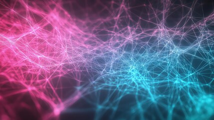 A vibrant network of interconnected energy lines in shades of pink, blue, and turquoise. The lines flow gracefully across the frame, creating an abstract pattern that glows against a dark background.