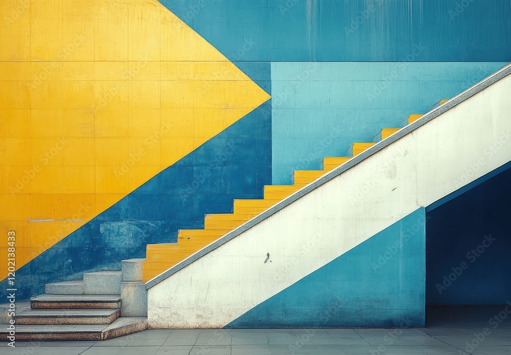 Poster abstract geometric staircase design with vibrant colors and modern architecture elements, creating a