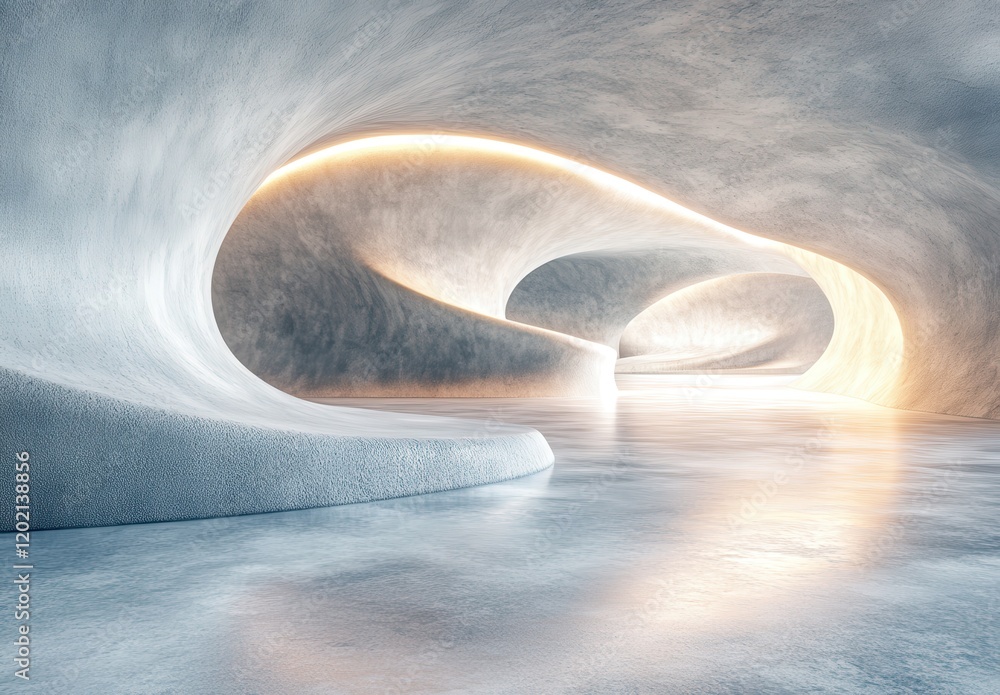 Poster abstract interior scene featuring curved walls and smooth surfaces illuminated by soft light, creati