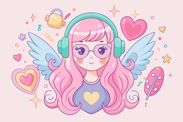 Pink angel with heart-shaped sunglasses and Valentine's Day Y2K aesthetic