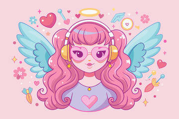Pink angel with heart-shaped sunglasses and Valentine's Day Y2K aesthetic
