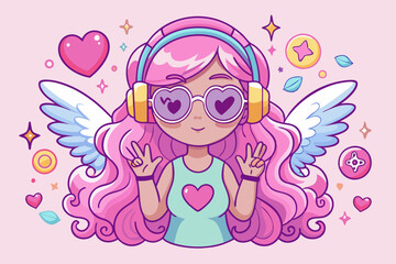Pink angel with heart-shaped sunglasses and Valentine's Day Y2K aesthetic