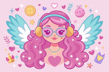 Pink angel with heart-shaped sunglasses and Valentine's Day Y2K aesthetic