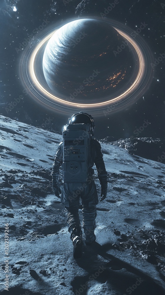 Poster an astronaut explores an alien moon with a ringed planet in the background