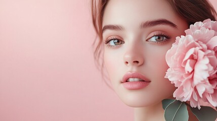 Beautiful woman posing with pink peony flower on pink background