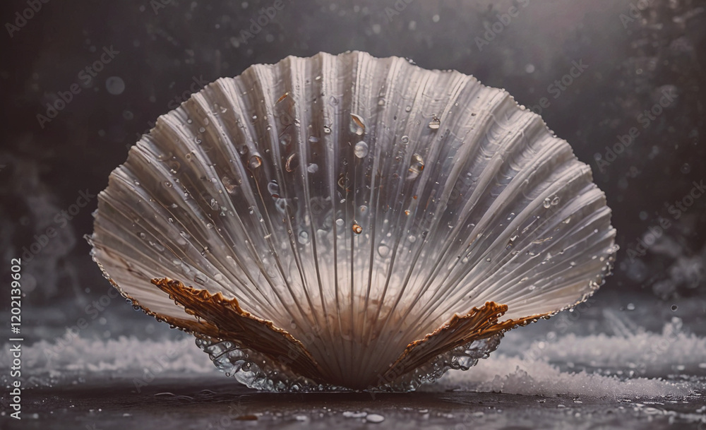 Poster a shell with a gold leaf on it is sitting on a table. the shell is covered in water droplets, giving