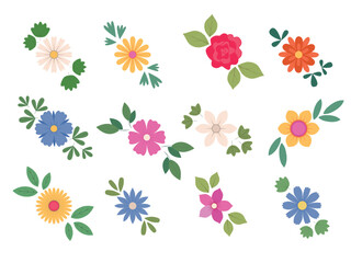 Abstract flowers with green leaves, top view. Spring flora. Flat vector illustration on white background