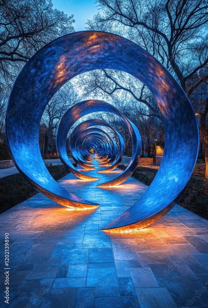 Poster abstract sculpture pathway featuring glowing blue spirals illuminated at dusk, creating a mesmerizin