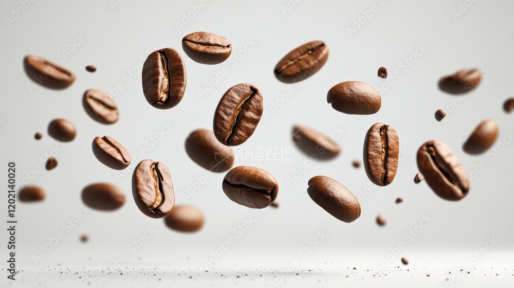 Poster roasted coffee beans are levitating and falling on a white background, creating a dynamic and aromat