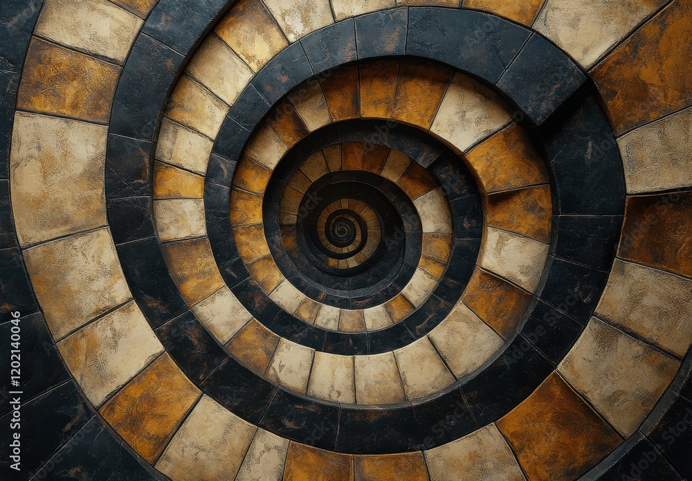 Poster abstract spiral design with geometric patterns in black and brown tones, evoking a sense of depth an