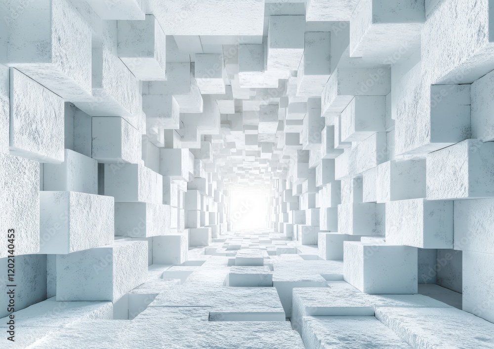 Poster abstract tunnel made of white geometric blocks giving a sense of infinite space and depth, symbolizi
