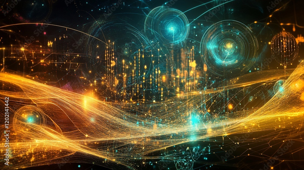 Poster a complex network of glowing lines and circles, showcasing a digital or cosmic connection