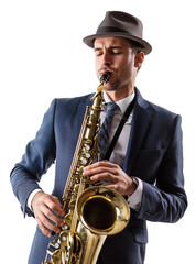 Fototapeta premium Clássico músico de Jazz tocanto saxofone em um fundo tranparente